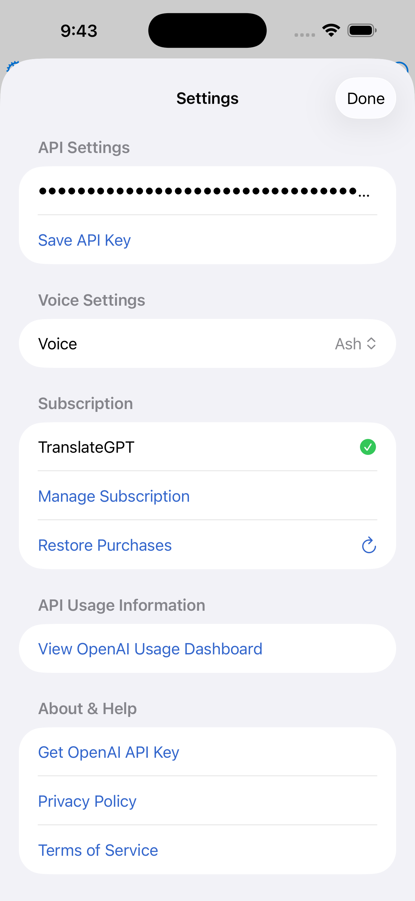 TranslateGPT settings screen for existing users