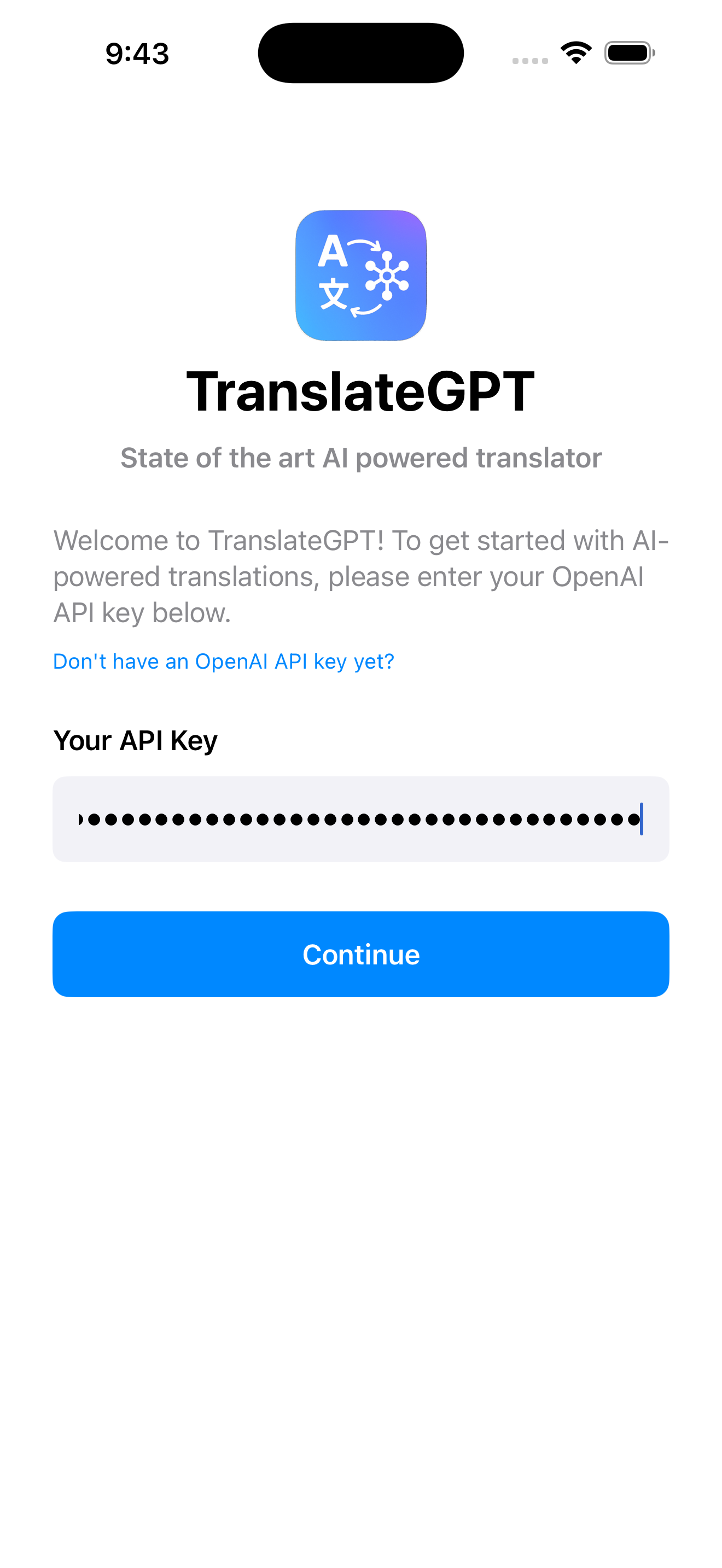 TranslateGPT welcome screen for new users