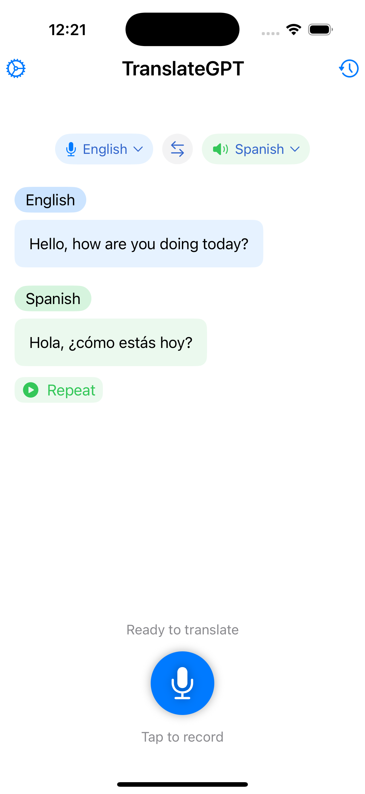 TranslateGPT app interface showing natural conversation translation