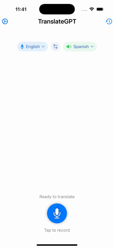 TranslateGPT voice translation demo showing the complete translation flow